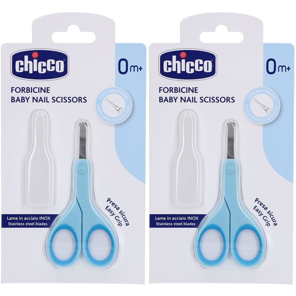 Ciseaux à ongles bleus pour bébé avec étui de protection. L'emballage indique "chicco" et "FORBICINE BABY NAIL SCISSORS". 0m+.