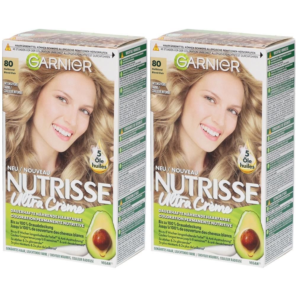 Deux paquets Garnier Nutrisse Ultra Crème 80 Blond avec illustration d'avocat.