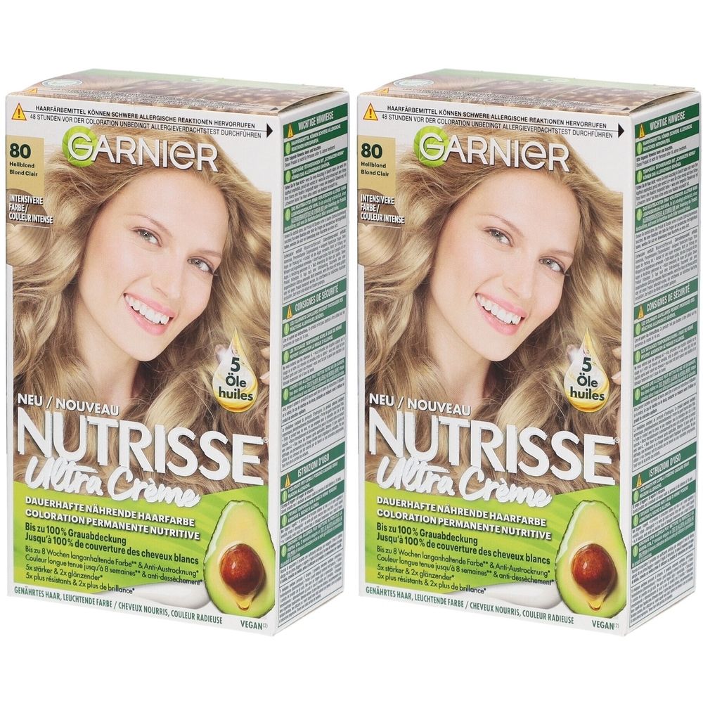 Twee dozen haarverf. Opschrift: GARNIER NUTRISSE Ultra Crème. Illustratie van een blonde vrouw. Illustratie van avocado.