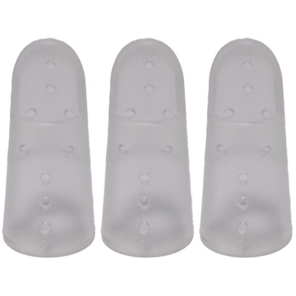 Trois attelles transparentes en forme de doigt, avec de petits trous. Forme conique, bout arrondi.