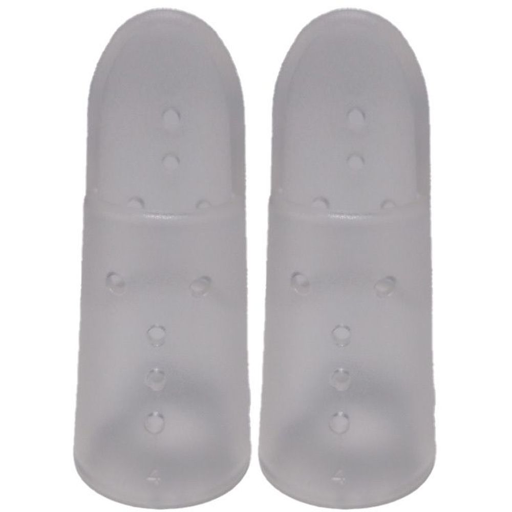 Twee transparante vingerbeschermers met gaten. Onbekend materiaal. Cilindrische vorm met afgeronde punt.