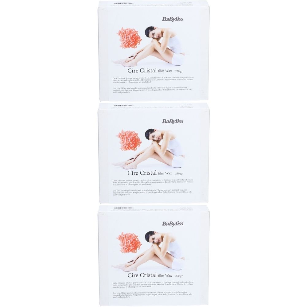 Trois boîtes blanches. Inscription: Babyliss, Cire Cristal, 100g. Illustration d'une femme. Fond blanc.