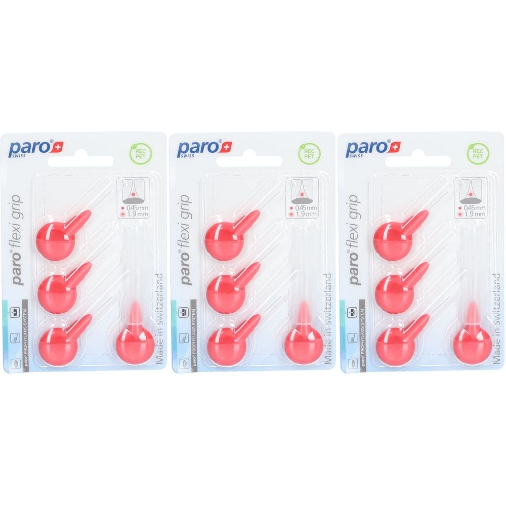 Drie blisters met rode interdentale borstels. Elke verpakking bevat zes borstels met handvat. Merk: paro flexi grip.
