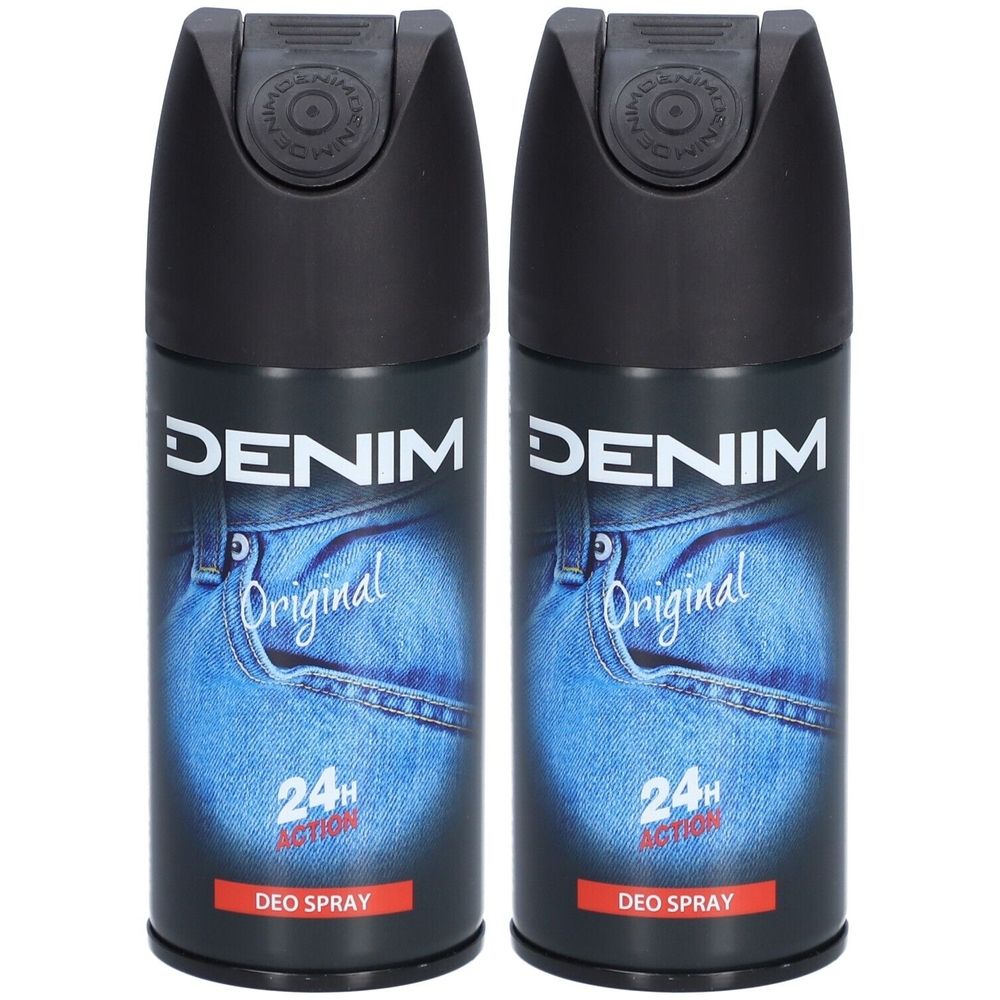 Twee deodorant sprays met zwarte dop. Opschrift: DENIM Original, jeans design. 24h Action, Deo Spray.