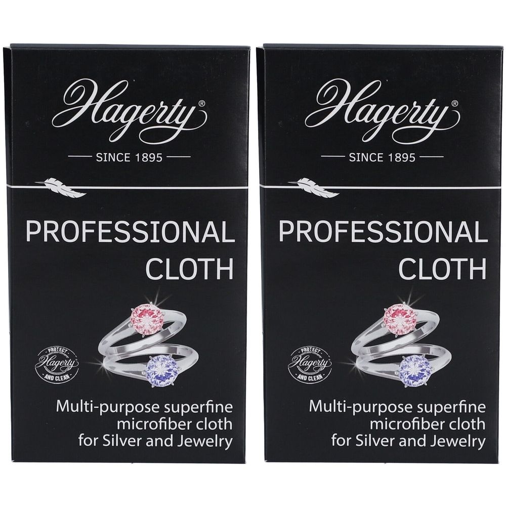 Deux emballages noirs avec le logo Hagerty et l'inscription PROFESSIONAL CLOTH. Des bagues avec des pierres précieuses sont représentées.
