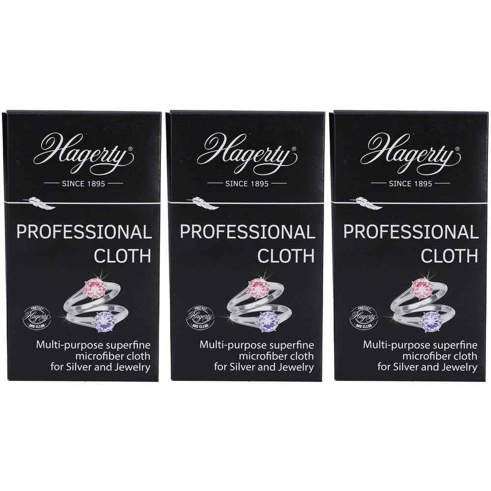 Trois emballages noirs avec le logo Hagerty et l'inscription "PROFESSIONAL CLOTH". Pour l'argent et les bijoux.