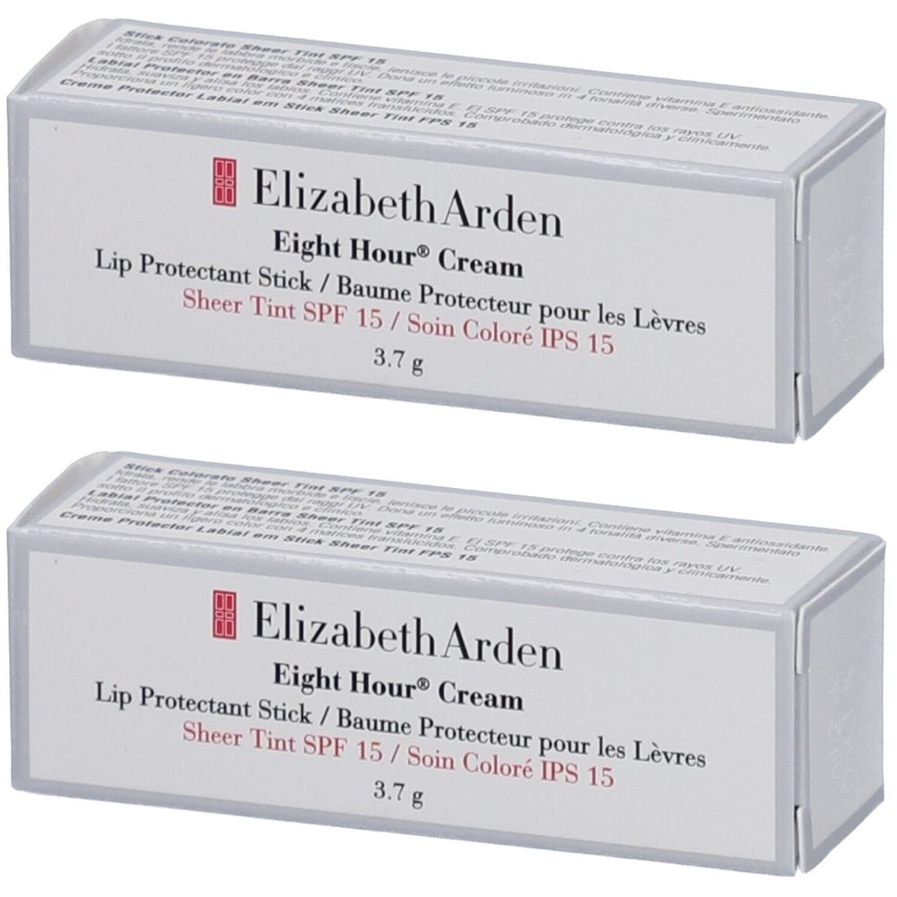 Twee dozen Elizabeth Arden Eight Hour® Cream Lip Protectant Stick. Witte verpakking met productnaam en SPF 15.
