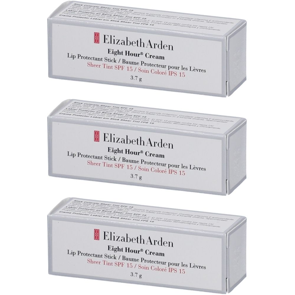 Drie rechthoekige dozen met productinformatie. Opschrift: Elizabeth Arden Eight Hour® Cream Lip Protectant Stick SPF 15.