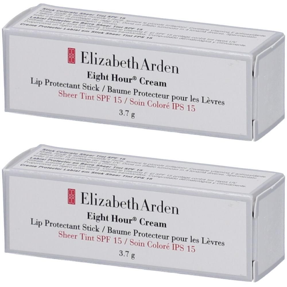 Deux boîtes de Elizabeth Arden Eight Hour Lip Protectant Stick. Blanches, logo rouge et informations produit.
