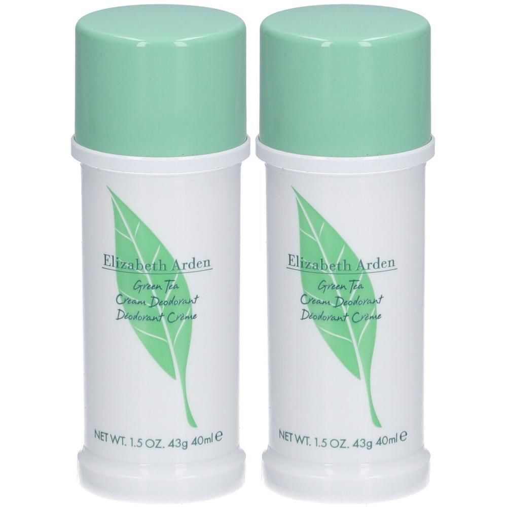 Twee witte deodorantcrèmes met groene deksels. Opschrift: Elizabeth Arden Green Tea. Bladlogo.