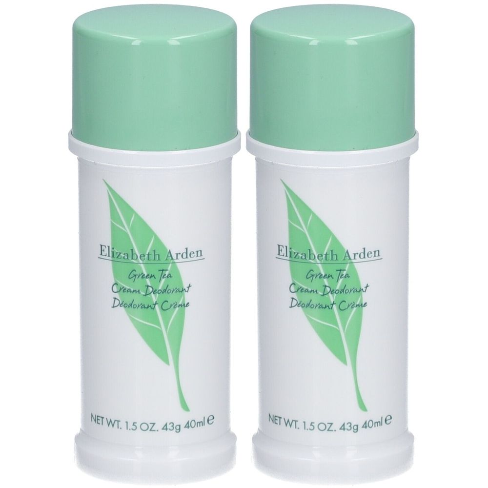 Deux crèmes déodorantes blanches avec couvercles verts. Inscription: Elizabeth Arden Green Tea. Logo feuille.