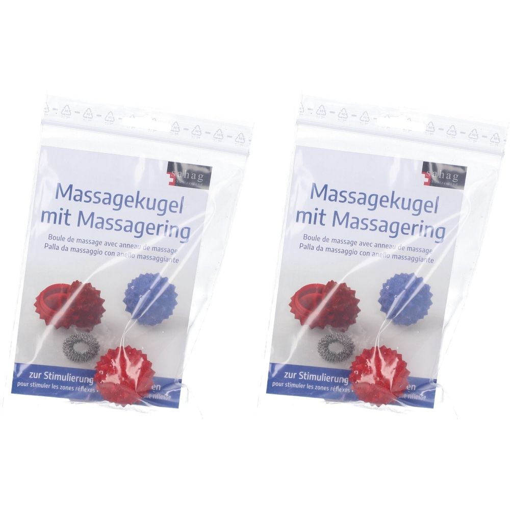 Twee transparante zakjes met massageballen en massageringen. Opdruk: Massagekugel mit Massagering.