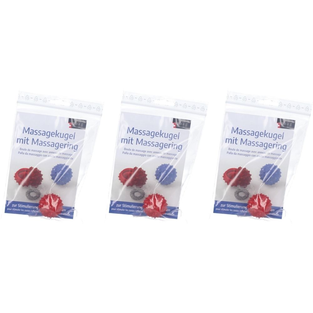 Trois sachets transparents avec boules de massage et anneaux de massage. Inscription: Massagekugel mit Massagering.