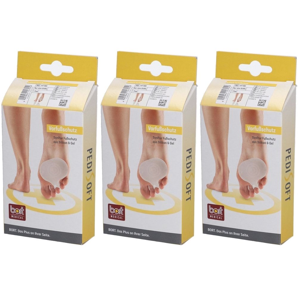 Drie verpakkingen BORT PediSoft® Vorfußschutz. Elke verpakking toont een voetmodel met een voorvoetbeschermer. Gele ophangers.