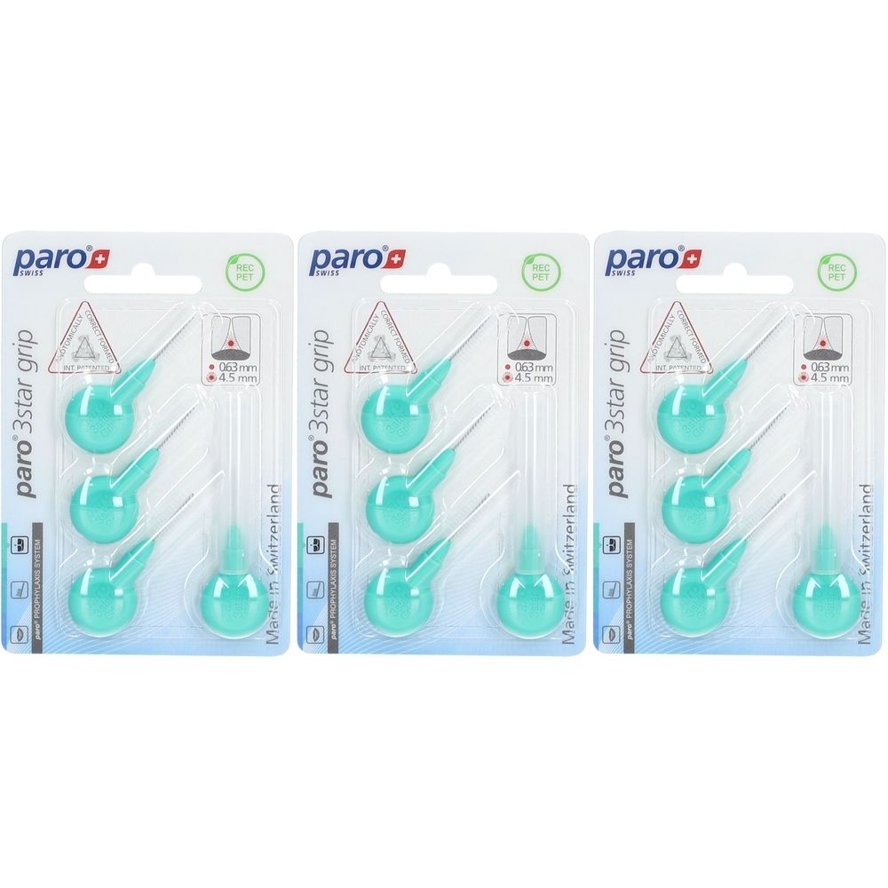 Trois paquets de brosses interdentaires paro® 3Star-Grip, 4,5 mm, Vert. Chaque paquet contient six brosses.