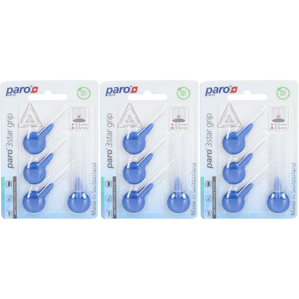 Pack de trois unités de brosses interdentaires paro 3Star-Grip, 3,5 mm, bleues. Chaque unité contient six brosses.