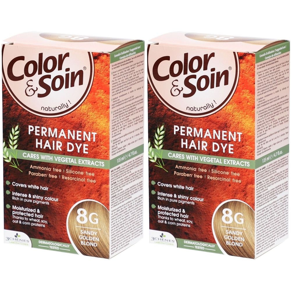 Deux boîtes de Color & Soin Permanent Hair Dye. Inscription: 8G Sandy Golden Blond. Contient des extraits végétaux.