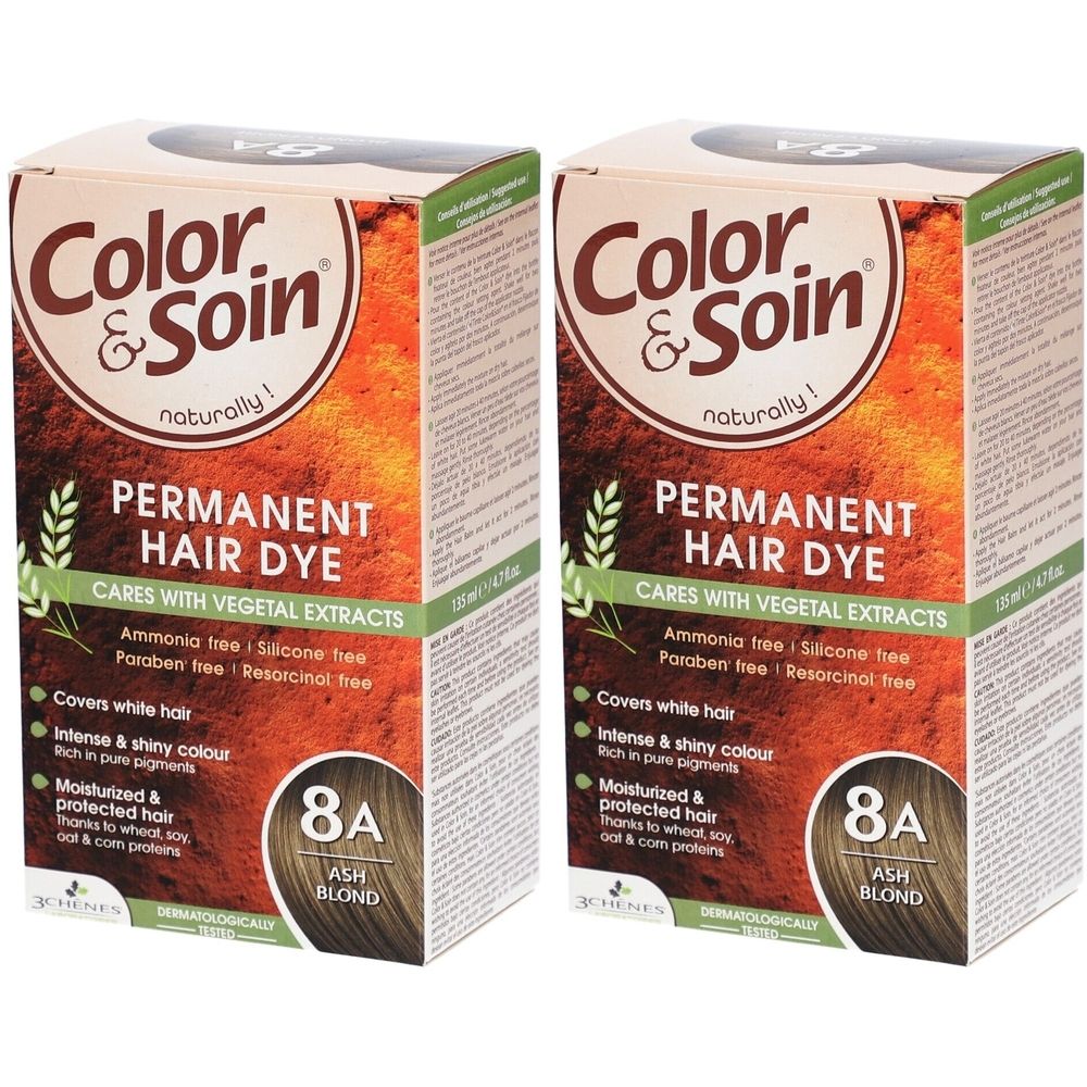 Deux boîtes de Color & Soin Permanent Hair Dye. Inscription: 8A Ash Blond. Contient des extraits végétaux.