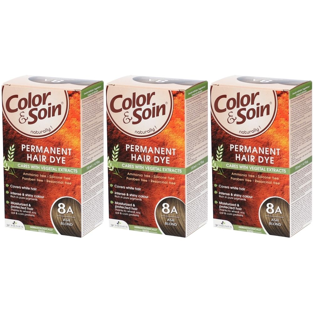 Drie dozen Color & Soin Permanent Hair Dye. Opschrift: 8A Asblond. Bevat plantaardige extracten. Bedekt grijze haren.