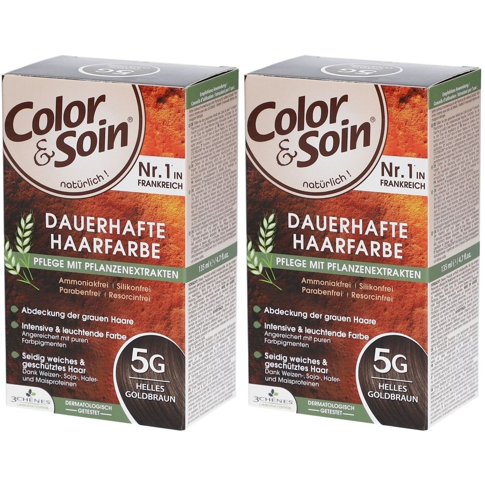 Deux boîtes de Color & Soin® coloration. Inscription: Coloration permanente 5G Blond doré clair. Aux extraits de plantes. Testé dermatologiquement.