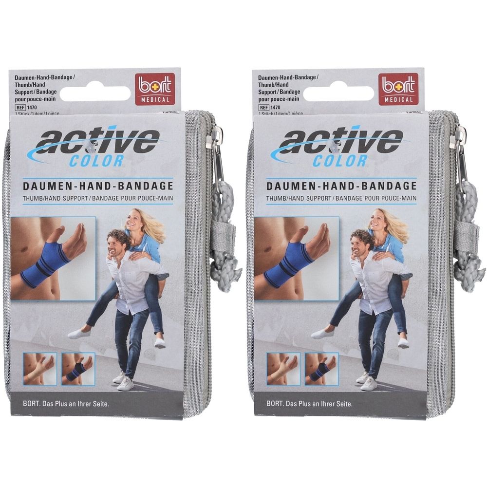 Deux paquets de bandage BORT ActiveColor pour pouce et main, noir. Montre des exemples d'utilisation et des informations produit.