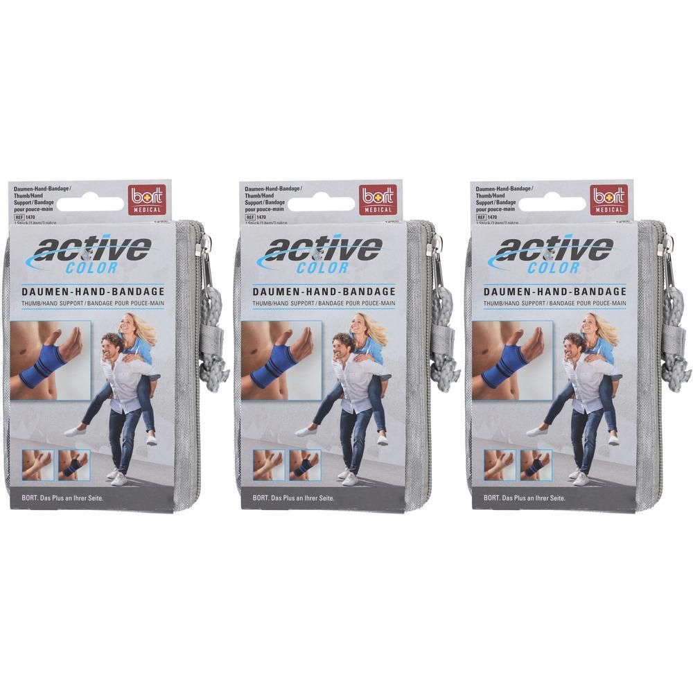 Trois paquets de bandages pour pouce et main BORT ActiveColor® noirs, taille M. L'emballage montre des exemples d'utilisation.