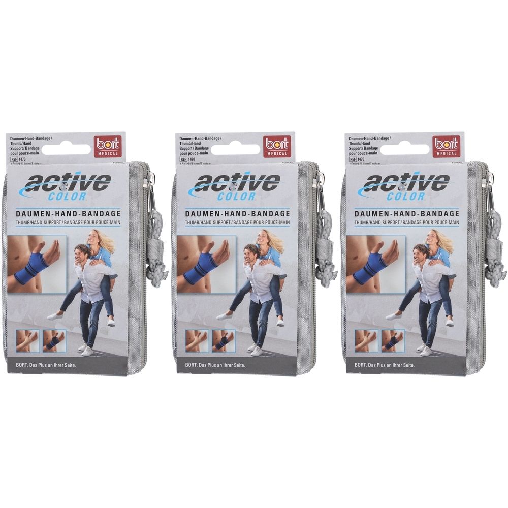 Trois paquets de bandages pour pouce et main BORT ActiveColor® noirs, taille M. L'emballage montre des exemples d'utilisation.