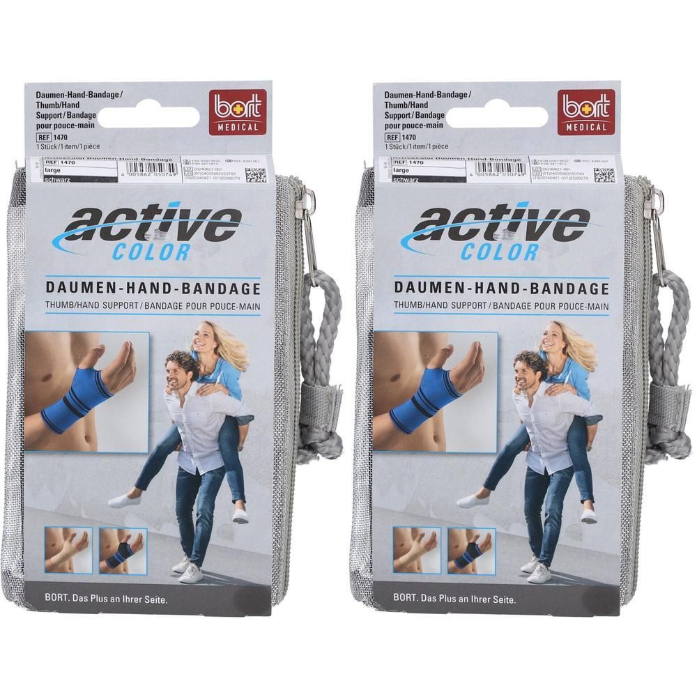 Deux paquets de bandages pour pouce et main BORT ActiveColor® noirs, taille L. L'emballage montre une femme portant un homme sur son dos.