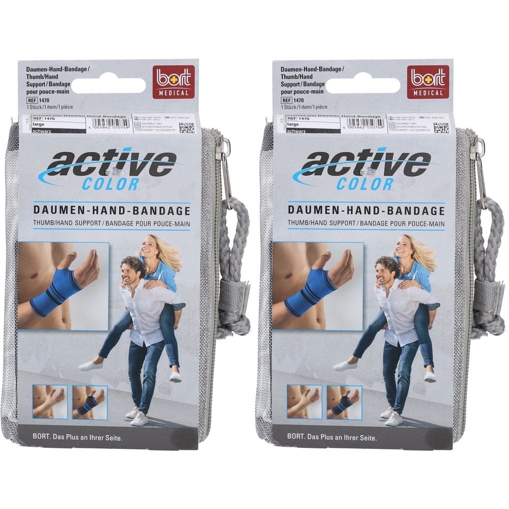 Deux paquets de bandages pour pouce et main BORT ActiveColor® noirs, taille L. L'emballage montre une femme portant un homme sur son dos.