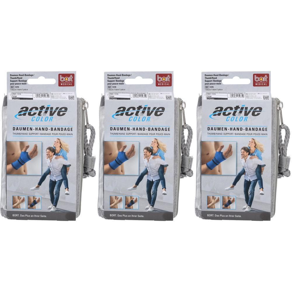 Drie pakken zwarte BORT ActiveColor duim-handbandages. Elk pak toont een bandage om de duim en pols.