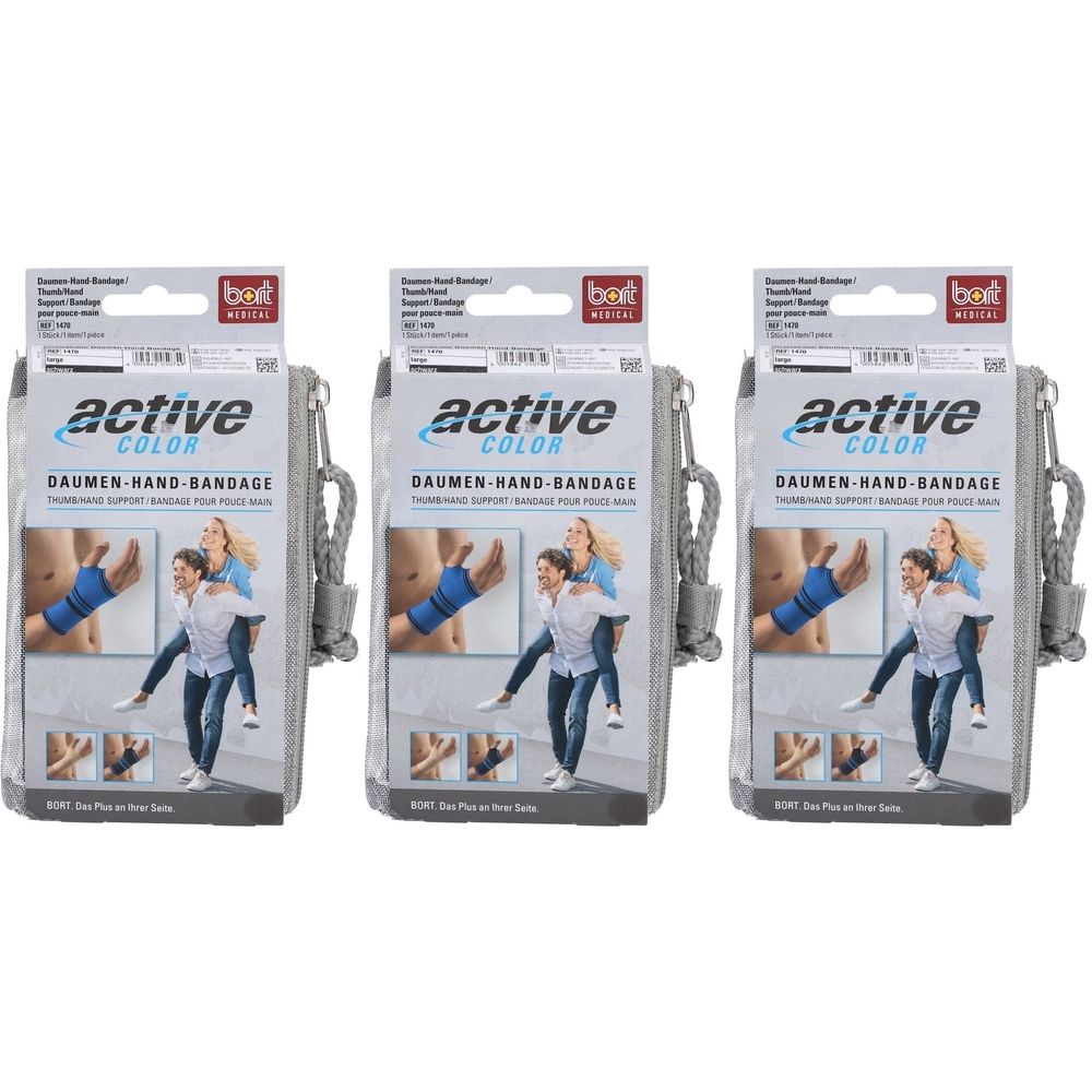 Trois paquets de bandages pour pouce et main BORT ActiveColor noirs. Chaque paquet montre un bandage sur le pouce et le poignet.