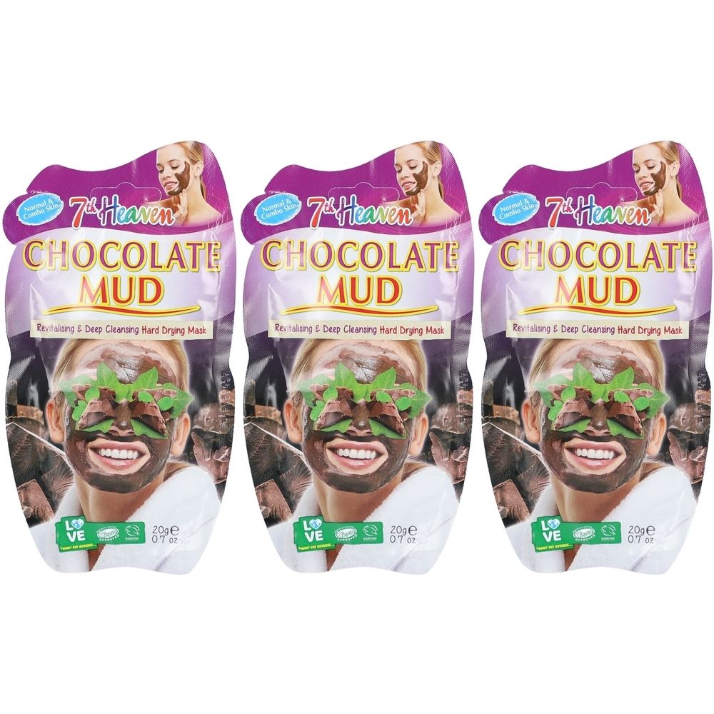 Trois sachets de masque 7th Heaven Chocolate Mud. Emballage violet avec image du produit et texte. Logo vert et blanc.