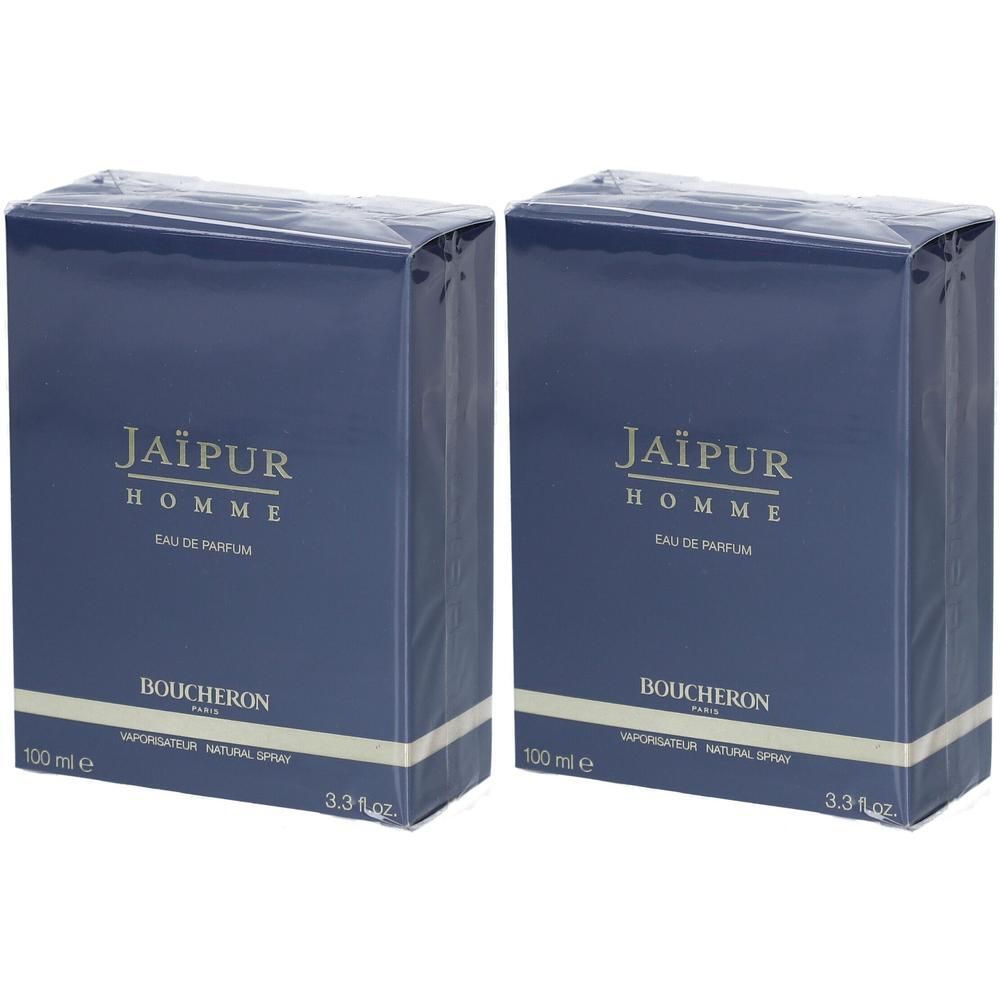 Deux boîtes bleues rectangulaires. Inscription: Jaïpur Homme Eau de Parfum, Boucheron. 100 ml, 3.3 fl oz.