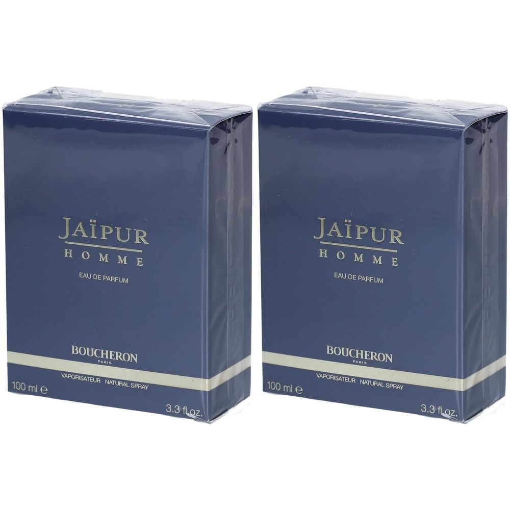 Deux boîtes bleues rectangulaires. Inscription: Jaïpur Homme Eau de Parfum, Boucheron. 100 ml, 3.3 fl oz.