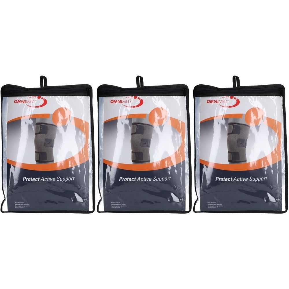 Trois genouillères dans des emballages de protection, chacune avec des fermetures velcro et le logo 'OMNIMED Protect Active Support'.