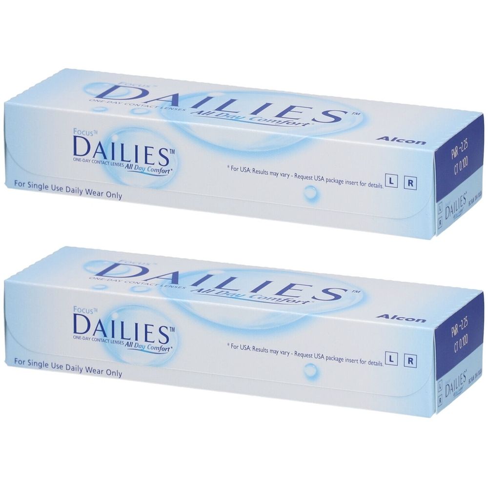 Twee dozen FOCUS DAILIES All Day Comfort daglenzen. Blauw-witte verpakking met productnaam en Alcon-logo.