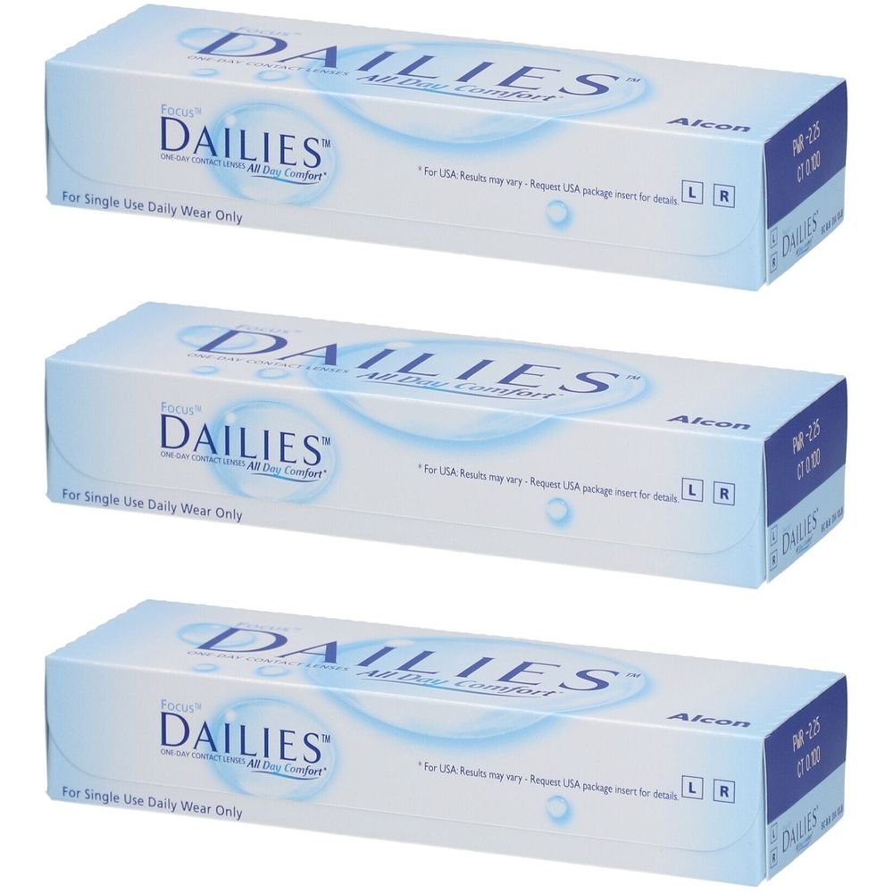 Drie dozen FOCUS DAILIES All Day Comfort daglenzen. Blauw-witte verpakking met productnaam en Alcon-logo.