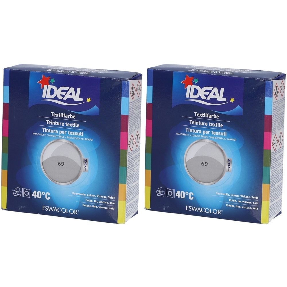Twee dozen textielverf. Opschrift IDEAL, Textilfarbe, Teinture textile, Tintura per tessuti. Kleurnummer 69. Wasmachine symbool 40°C.
