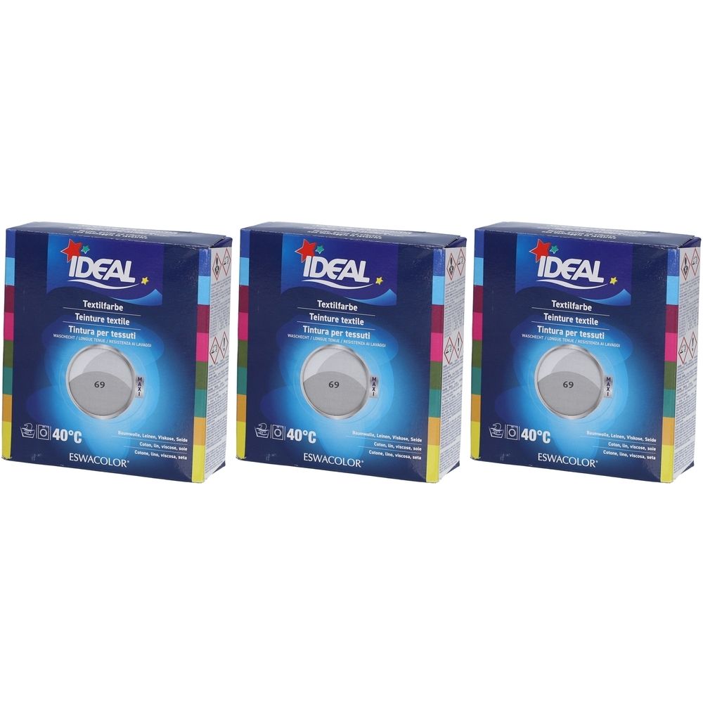 Drie dozen textielverf. Blauwe verpakking met IDEAL logo, tekst en kleuren cirkel. Temperatuur indicatie 40°C. Merk ESWACOLOR.