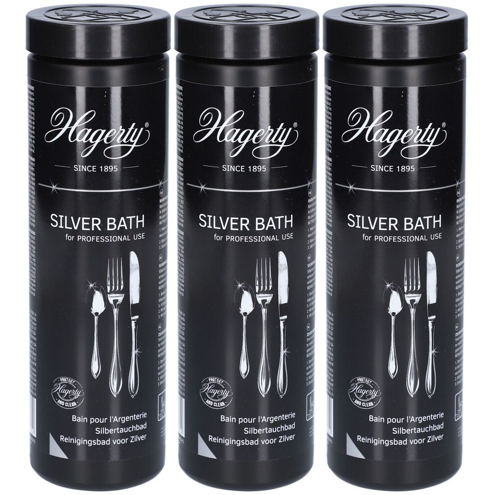 Trois contenants cylindriques noirs. Inscription: Hagerty, SILVER BATH, pour usage professionnel. Illustration de couverts.