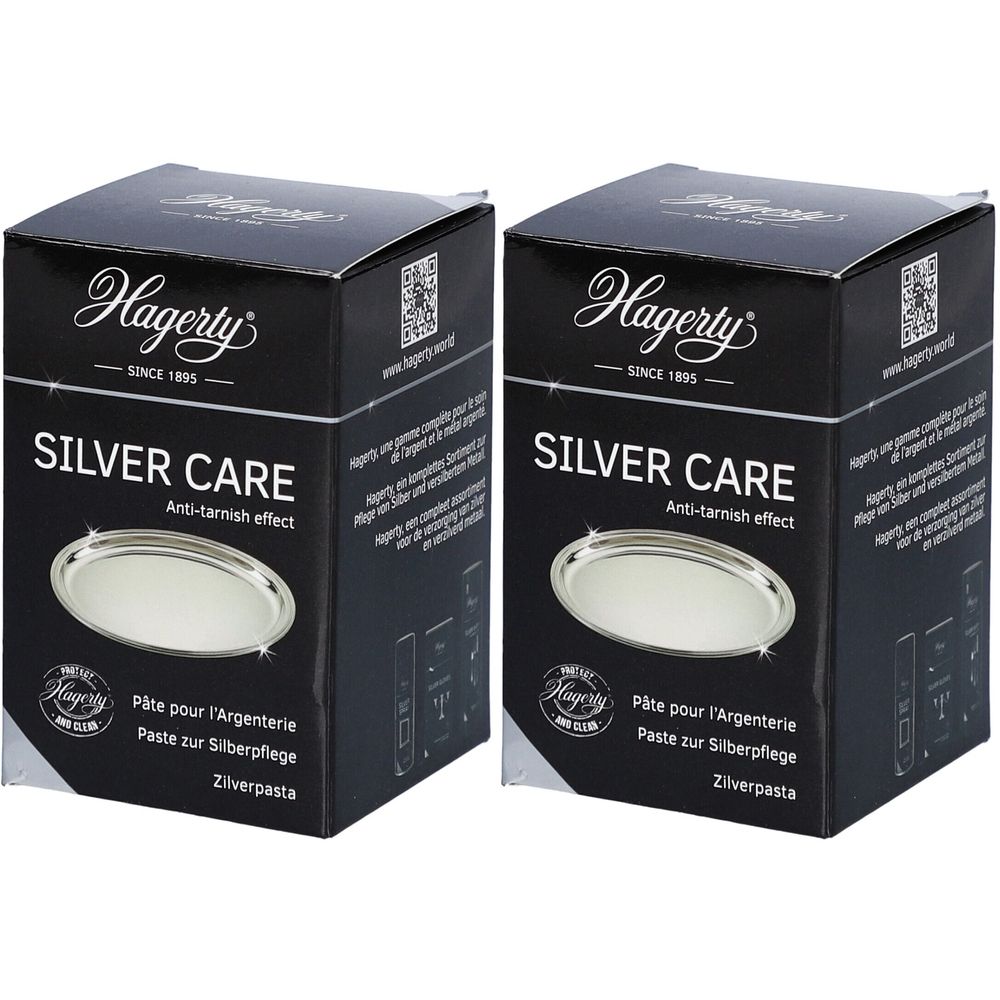 Twee zwarte dozen met de tekst "SILVER CARE". Merk Hagerty. Bevat zilverpoetsmiddel met anti-aanslag effect.