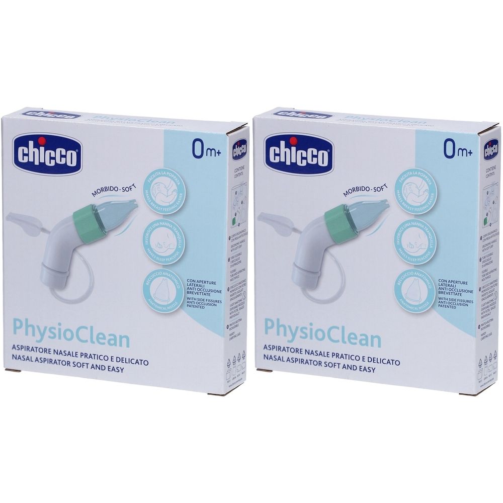 Deux boîtes de l'aspirateur nasal. Sur l'emballage, on lit "chicco" et "PhysioClean". L'aspirateur nasal est adapté aux bébés dès 0 mois.