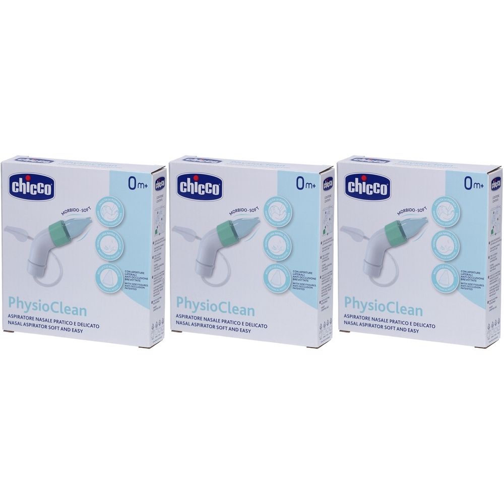 Trois boîtes de CHICCO Physioclean. Emballage avec image du produit, texte et logo. Recommandé pour les 0m+.