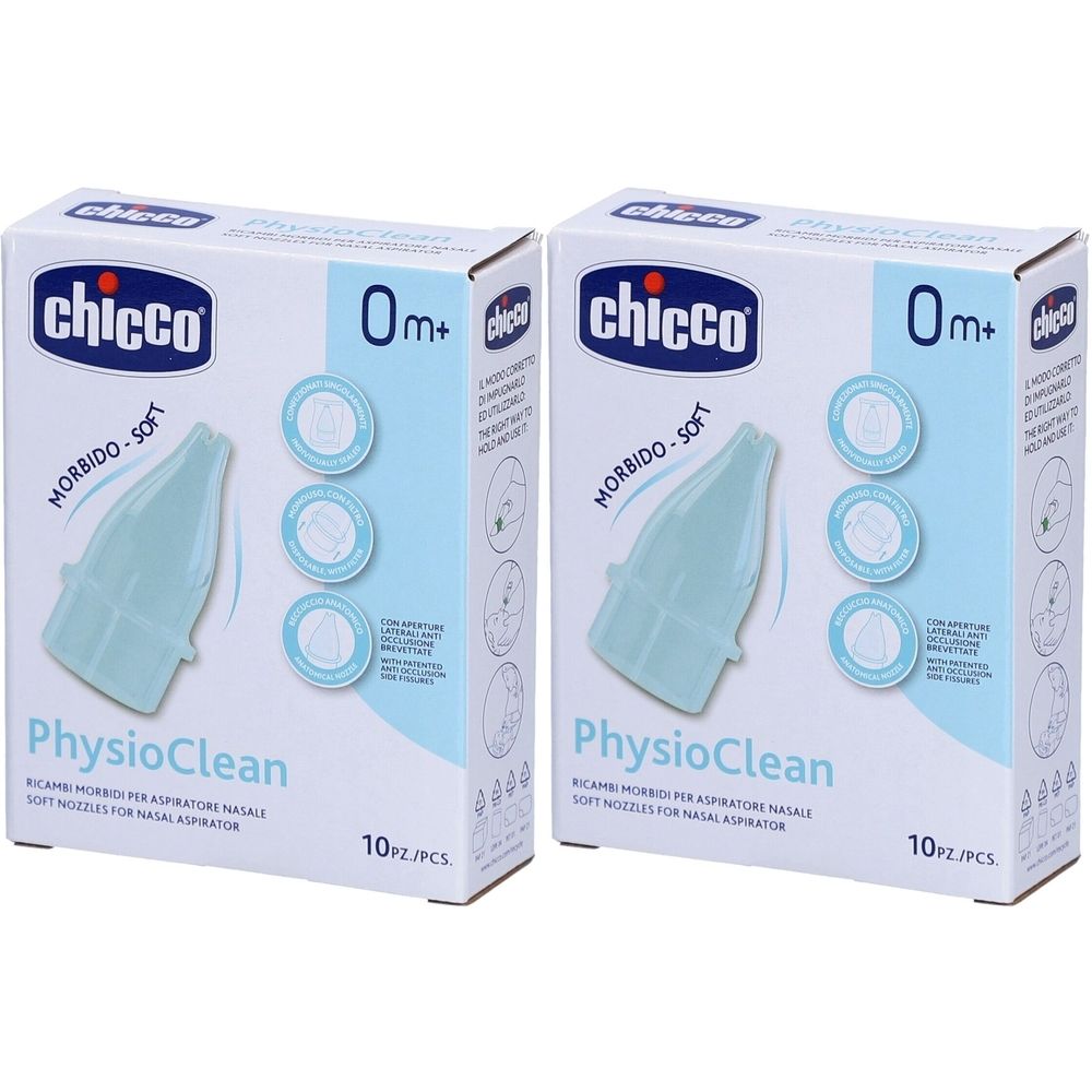 Deux boîtes de recharges pour aspirateur nasal. Marque "chicco", modèle "PhysioClean". 10 pièces par boîte. Les embouts sont bleu clair.