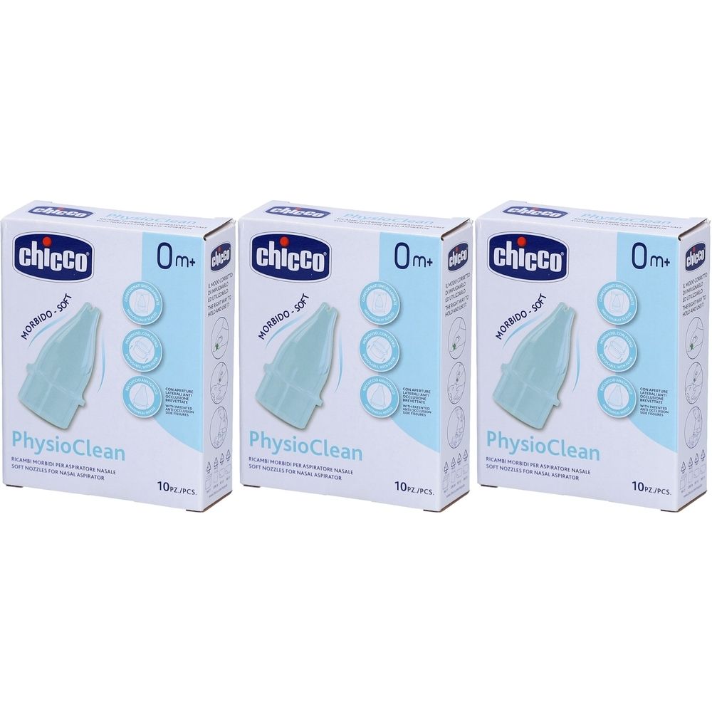 Trois boîtes de recharges pour aspirateur nasal. Chaque boîte affiche le logo Chicco, le texte "PhysioClean" et l'indication "0m+".