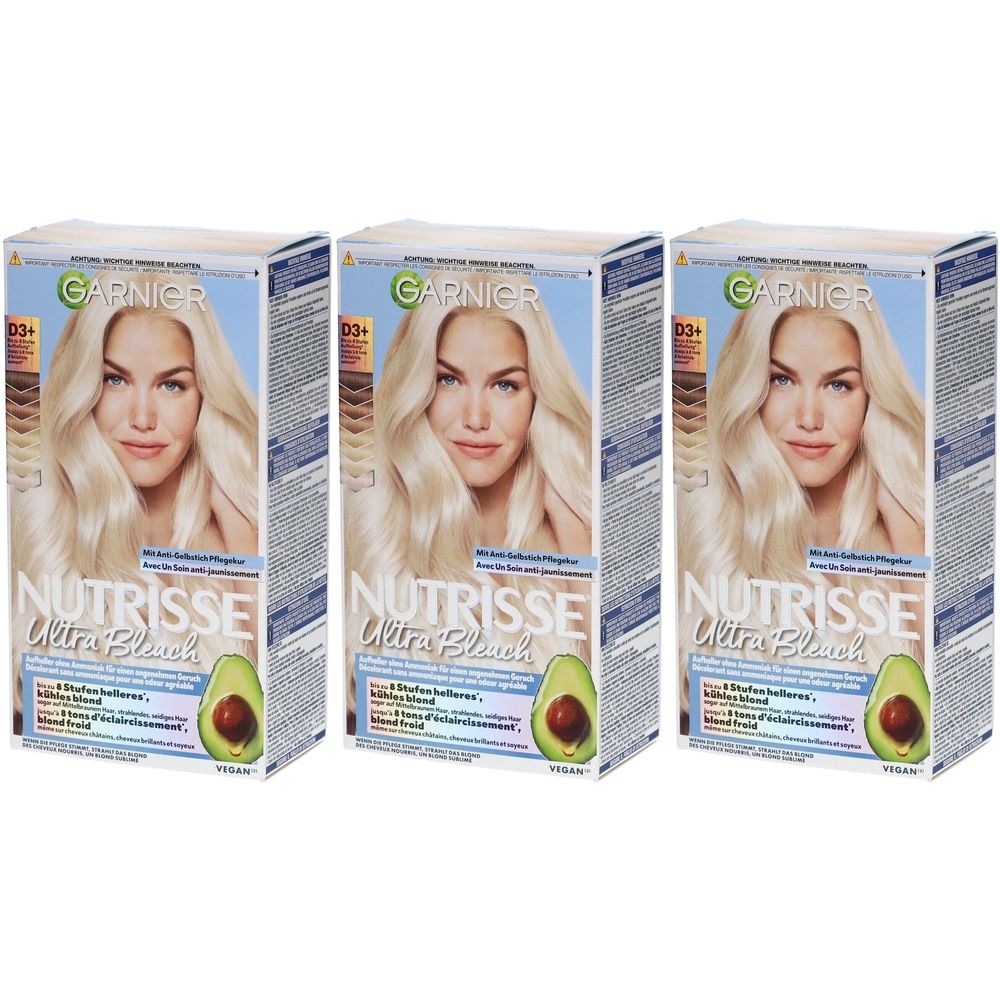 Drie dozen Garnier Nutrisse Ultra Bleach. Elke doos toont een blond model en een avocado.