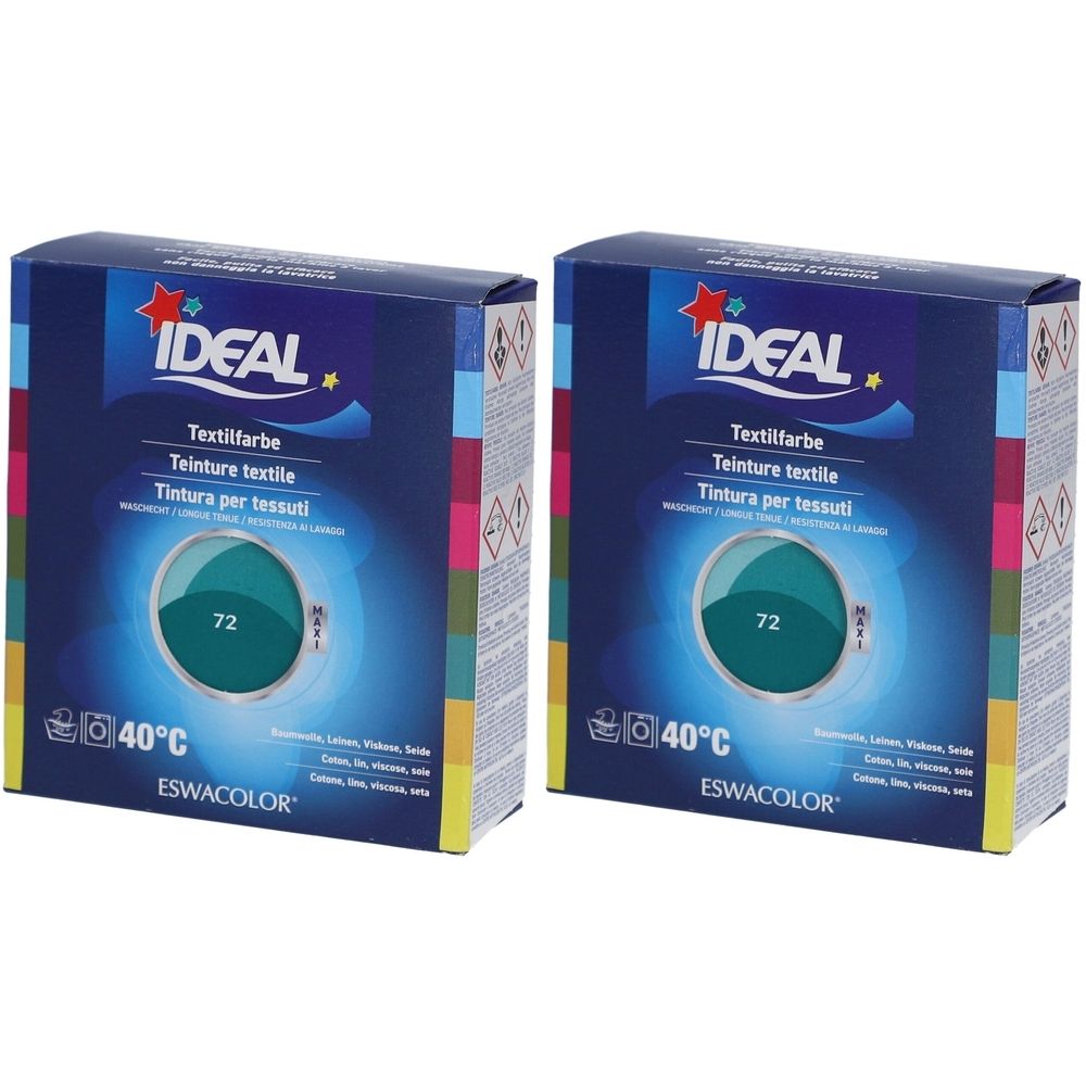 Deux boîtes de teinture textile IDEAL. Inscription : Textilfarbe, Teinture textile, Tintura per tessuti. Couleur 72, émeraude. Température 40°C.