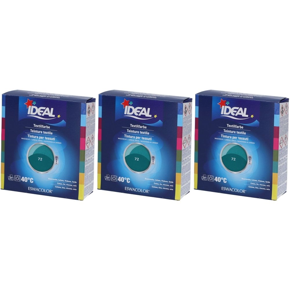 Trois boîtes de teinture textile. Chaque boîte porte IDEAL, teinture textile, 72 et 40°C. La couleur est vert émeraude.