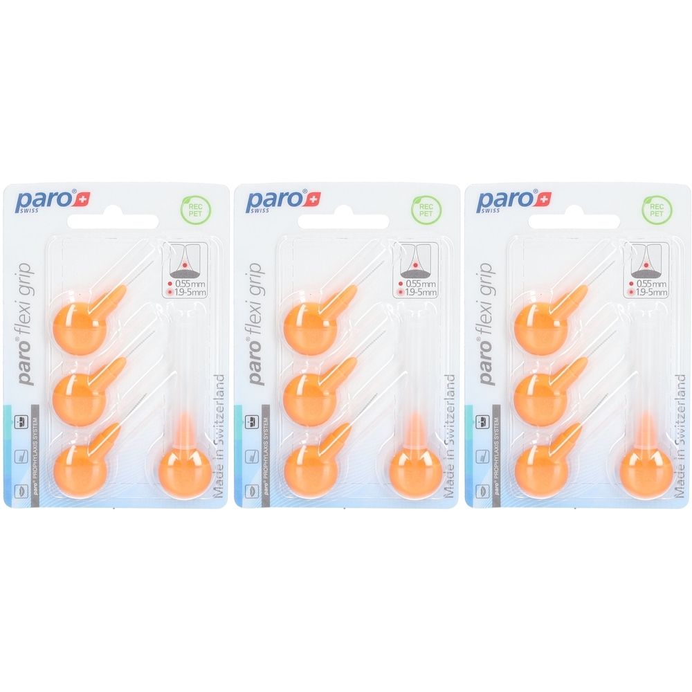 Trois blisters de brosses interdentaires paro flexi grip. Chaque paquet contient six brosses oranges avec des manches transparents.