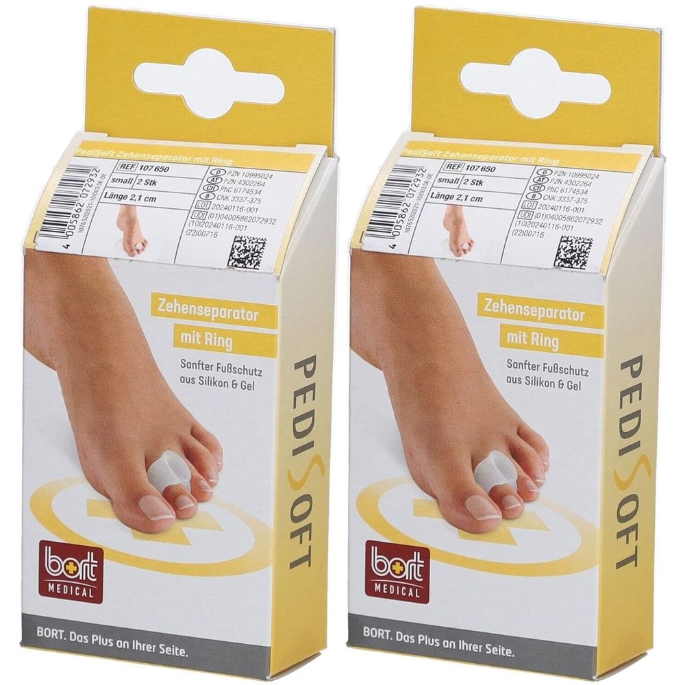 Deux boîtes de séparateurs d'orteils PediSoft. Inscription : Séparateur d'orteils avec anneau, protection douce du pied en silicone et gel. Marque : bort MEDICAL.